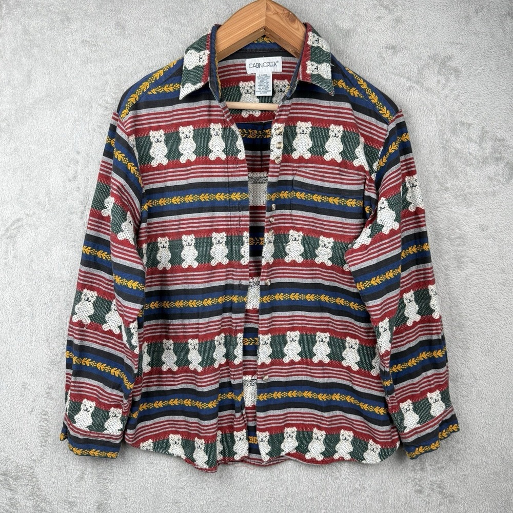 Cabin Creek Shirt Womens XL Teddy Bear Cotton Button Down Vintage Multicolor